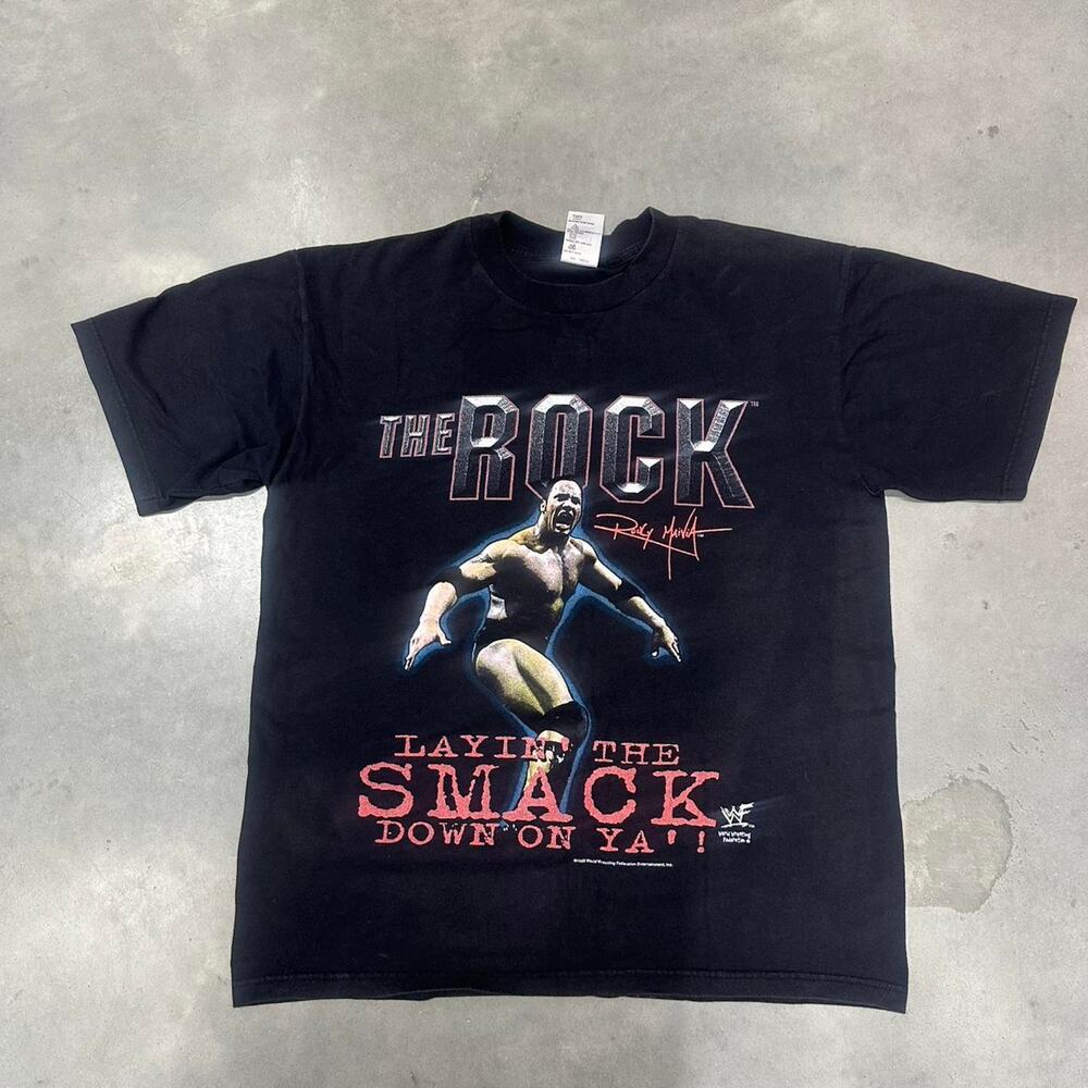 Vintage WWF The Rock Layin' The Smack Down On Ya Double Sided Wrestling Tee